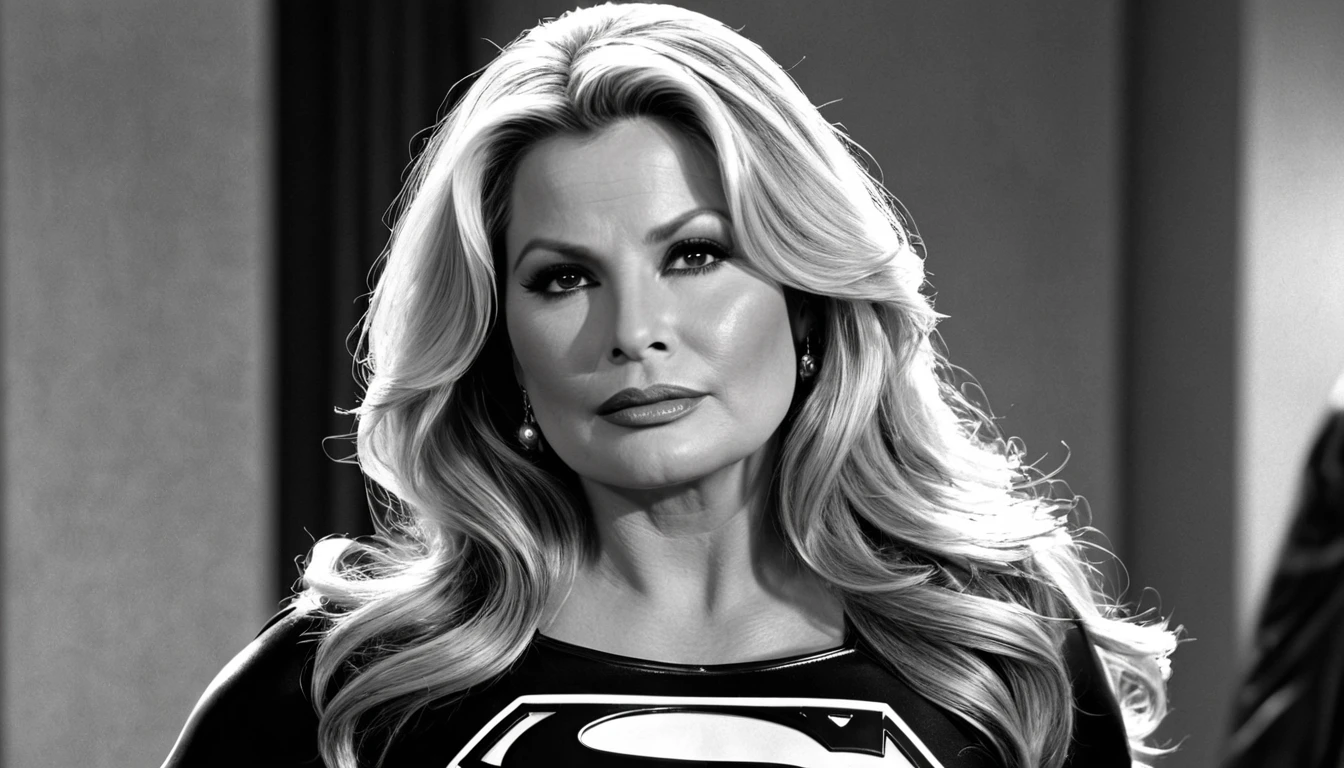 Supergirl1984s (black White costume)  real strong Jennifer Coolidge 2024((60 ys old)_; HD. Photograph, ((realism)), extremely high quality RAW photograph, ultra detailed photograph, sharp focus, high resolution, (detailed skin:1,3),high quality, film grain, Fujifilm XT3,Highly Detailed, movie, (Cinematic Photo:1.3) of (Realistic:1.3)