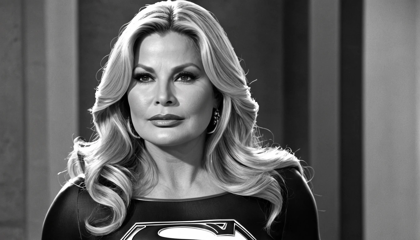 Jennifer Coolidge(short hair) evil Superwoman(black uniform); (bad woman; malicious smile;; big fat woman; powerful; trusting; higher) em 2024 Supergirl; full body