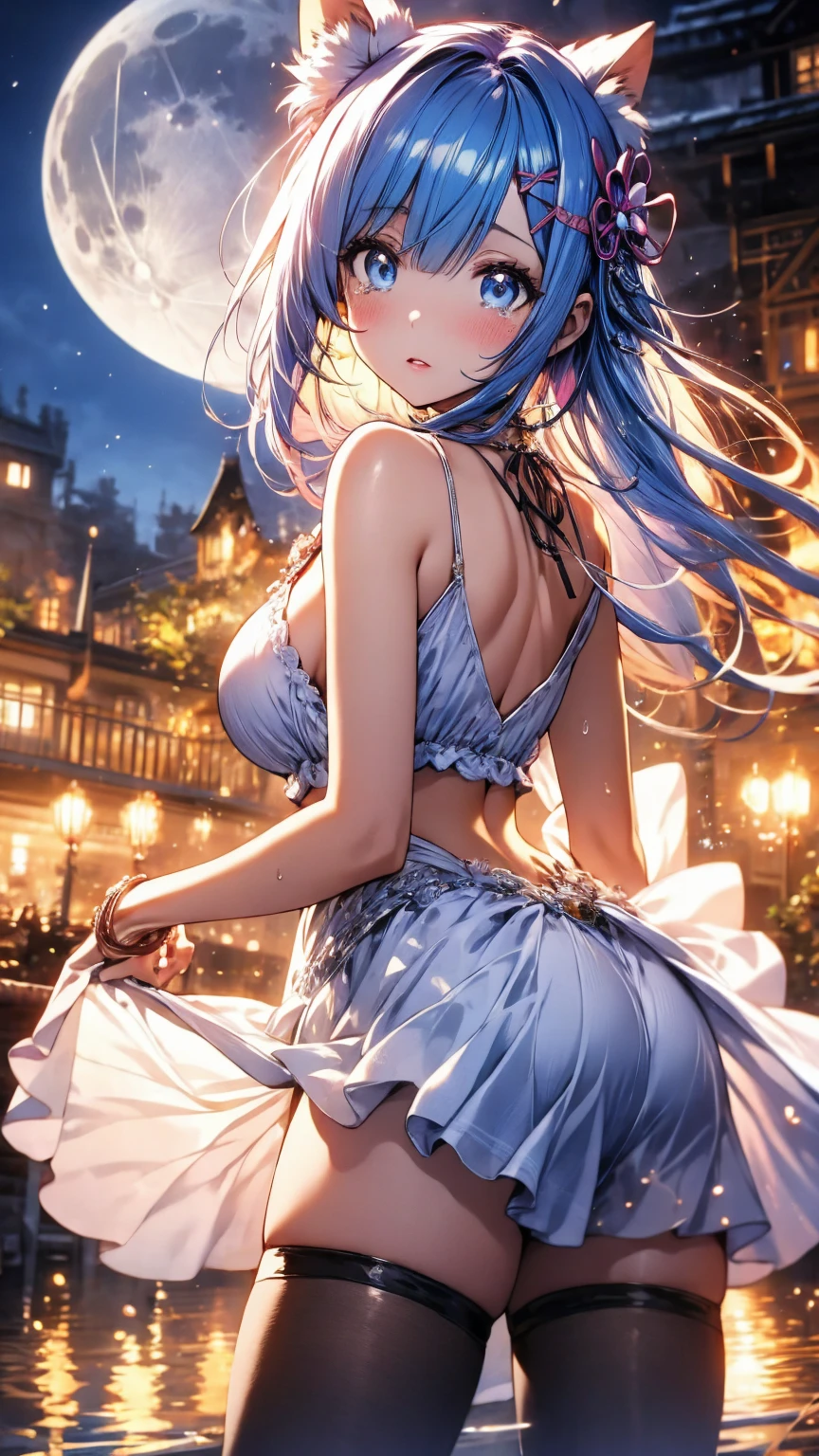 (Highest quality),(masterpiece), 8k,Very detailed, Detailed light, Best Shadow,Detailed reflective eyes, Beautiful Eyes, Very detailedな顔,Shiny Hair,sexy,Big Breasts,Charm,One person,Gloss,Rem,Re:Zero,Blue Hair,blue eyes,full moon,Fantasy,Charm, Blushing,Expressionless,tearsを流す,tears,looking at the camera,front,garter belt,tights,Maid服,Maid,