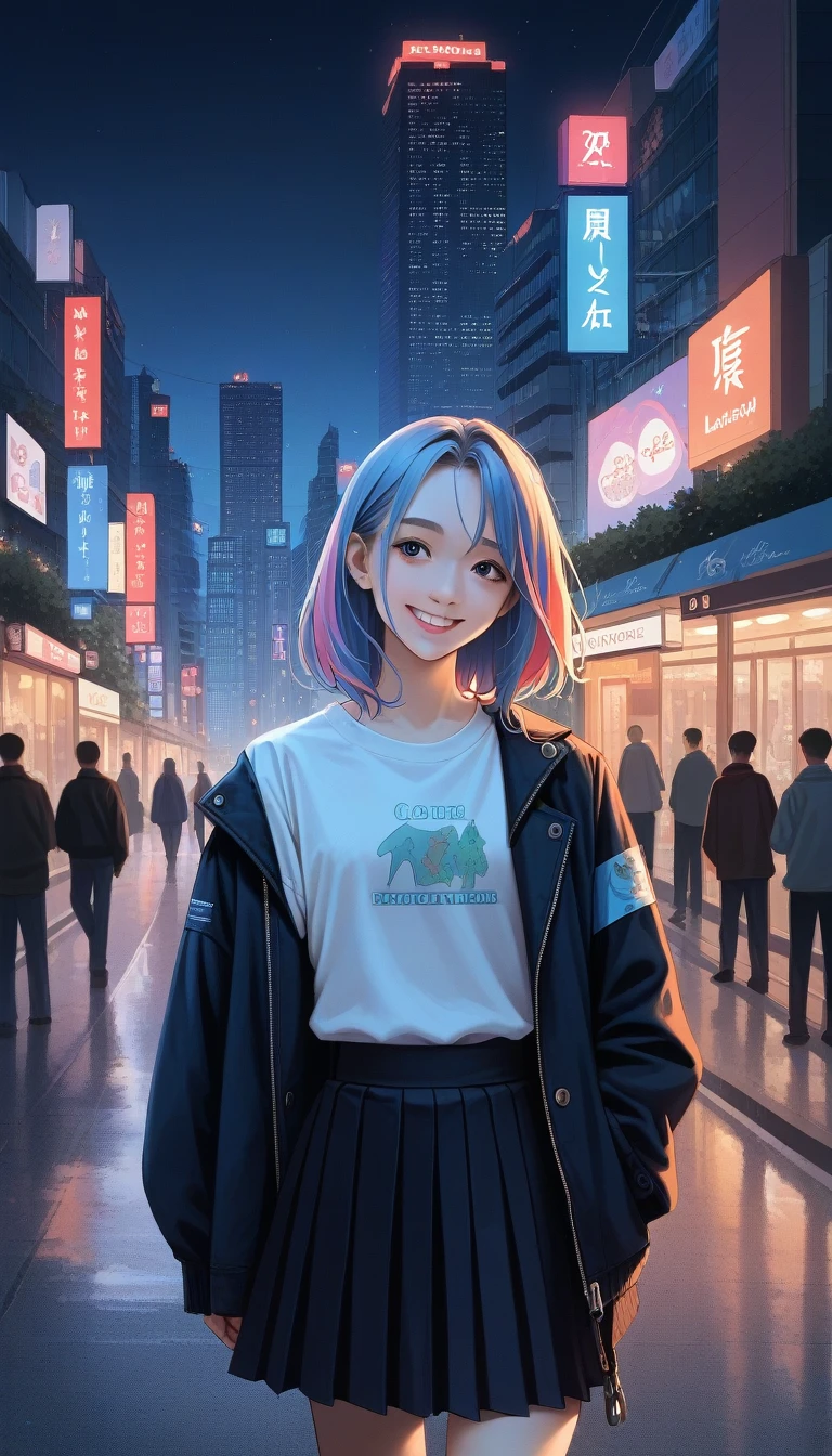 1 Girl, Black_skirt, blue_hair, architecture, City, Cityscape, hair_between_Eye, jacket, Watching_exist_Viewer, Moderate_hair, Colorful_hair, many kinds of_boys, night, leave_Shoulder, outdoor, pleexisted_skirt, road, shirt, skirt, Skyscraper, Smile, Solitary_Key Points, street, White_shirt