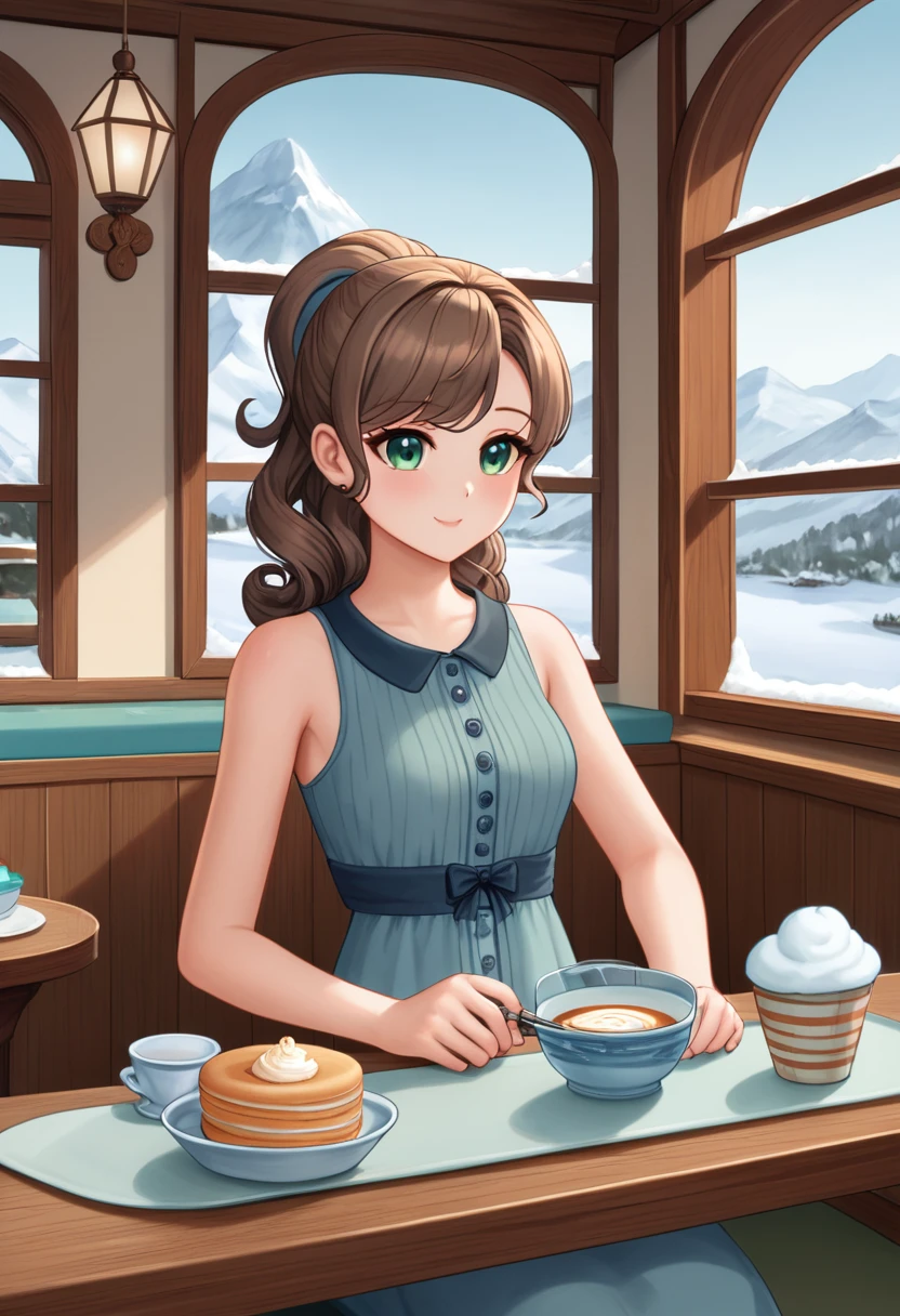 Beautiful girl with semi curly brown hair, collected in a high ponytail, pale, semi-dark green eyes, thin complexion, dressed in clothing designed for exploration in freezing temperatures, sat at the table in the cafeteria of a modern boat heading to Antarctica, having breakfast, Cozy boat interior in blue tones, gray and white, large windows that reveal the glaciers and snow-capped mountains
