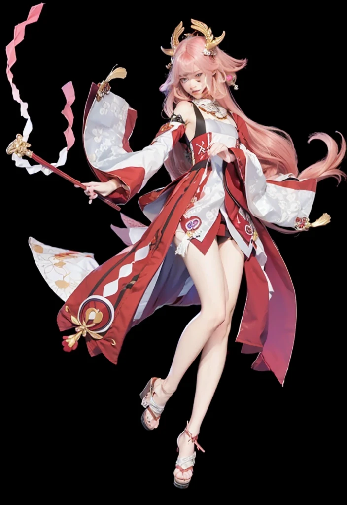 1. **hair**:
- Color: pink.
- Length: shoulder length.
- Form: hairstyle with straight hair, slightly wavy at the ends, with short straight bangs.
2. **Head and face**:
- Oval shaped face.
- Eyes are big, with purple irises.
- Facial expression is calm and confident.
3. **cloth**:
- Main part: white dress with high collar.
- Details: the dress is decorated with red and gold elements, with flower patterns.
- Sleeves: wide, long, with red trim and white patterns.
- Belt: decorated with gold and purple elements.
- The bottom of the dress is divided into two parts at the front, revealing red shorts.
4. **accessories**:
- Gold jewelry on the head, like horns or wings.
- Drop earrings with gold and red elements.
- On foot: Platform sandals, with white straps and gold jewelry.
5. **General style**:
- cloth и аксессуары имеют традиционный восточный стиль, Maybe, with elements of Japanese culture.
The girl looks elegant and sophisticated, with a distinctly aristocratic style.