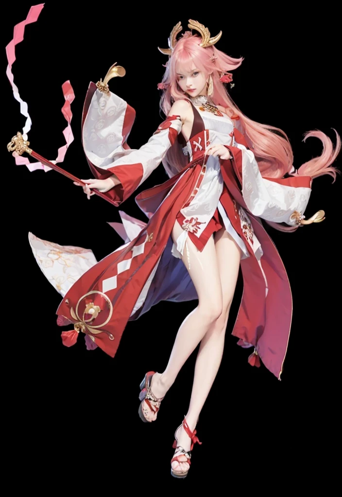 1. **hair**:
- Color: pink.
- Length: shoulder length.
- Form: hairstyle with straight hair, slightly wavy at the ends, with short straight bangs.
2. **Head and face**:
- Oval shaped face.
- Eyes are big, with purple irises.
- Facial expression is calm and confident.
3. **cloth**:
- Main part: white dress with high collar.
- Details: the dress is decorated with red and gold elements, with flower patterns.
- Sleeves: wide, long, with red trim and white patterns.
- Belt: decorated with gold and purple elements.
- The bottom of the dress is divided into two parts at the front, revealing red shorts.
4. **accessories**:
- Gold jewelry on the head, like horns or wings.
- Drop earrings with gold and red elements.
- On foot: Platform sandals, with white straps and gold jewelry.
5. **General style**:
- cloth и аксессуары имеют традиционный восточный стиль, Maybe, with elements of Japanese culture.
The girl looks elegant and sophisticated, with a distinctly aristocratic style.