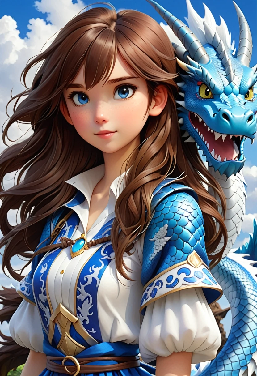 Brown hair girl and blue and white dragon
