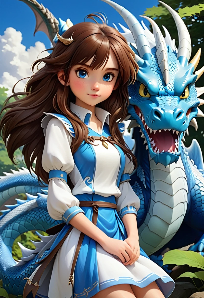 Brown hair girl and blue and white dragon