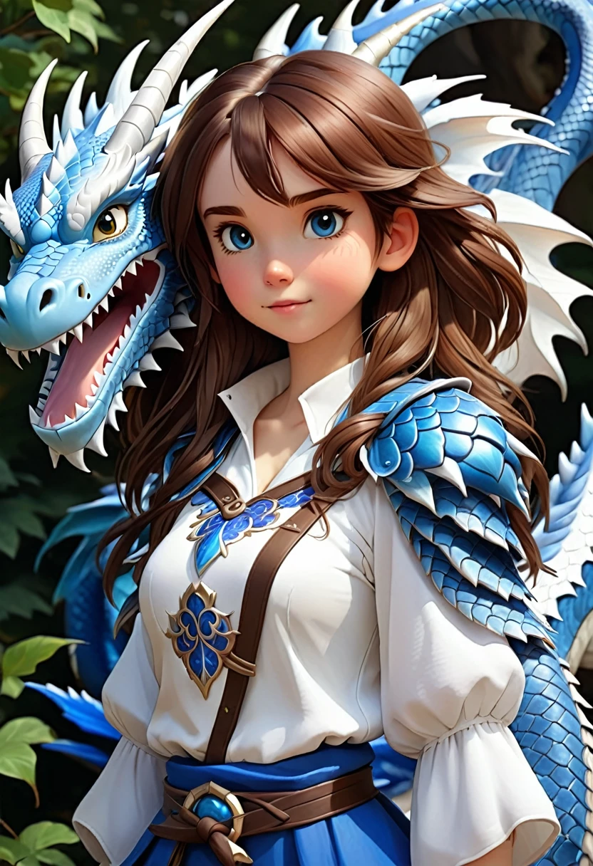 Brown hair girl and blue and white dragon