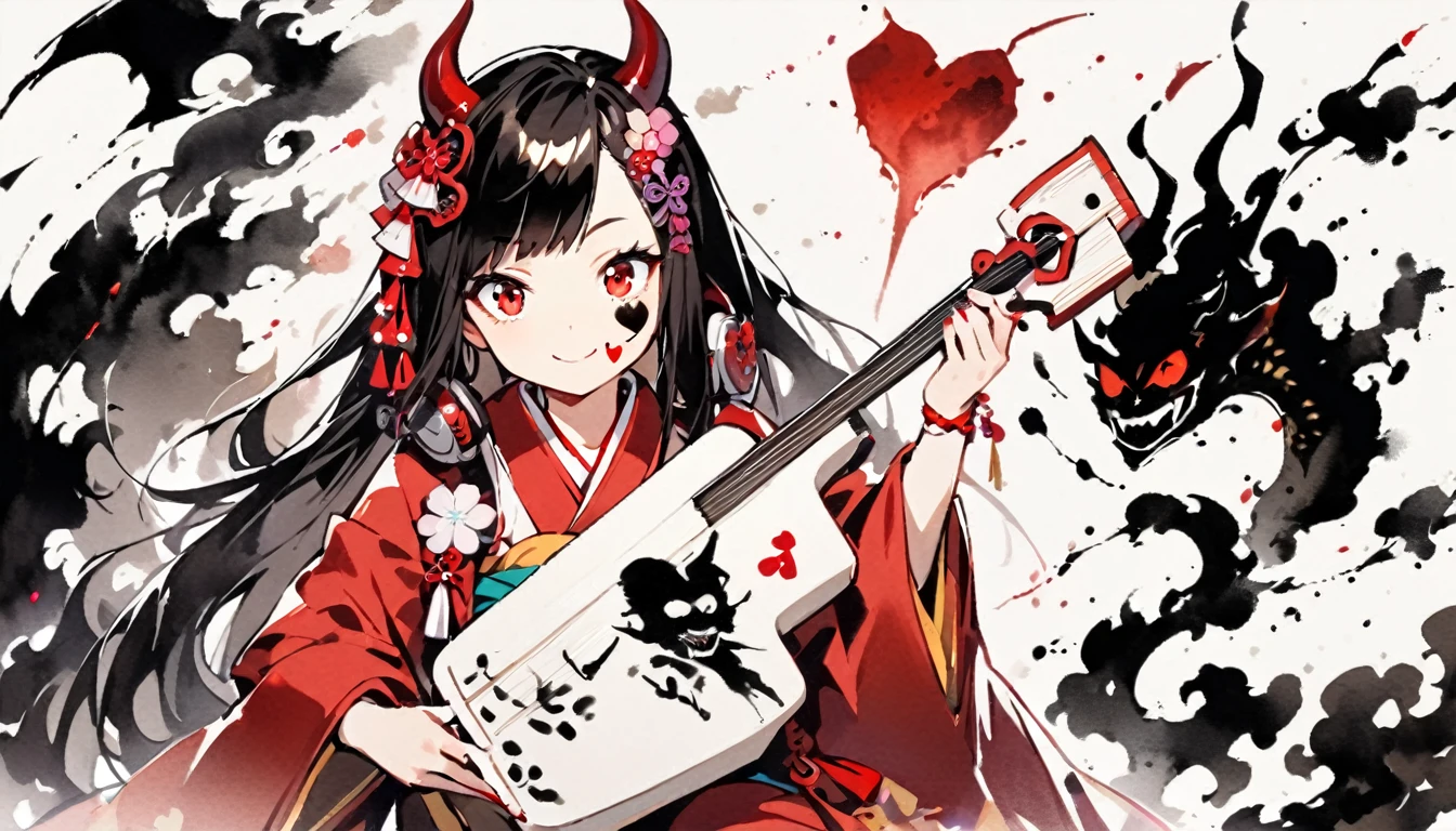 (((Ink Painting))), (((1 girl))), (((Heart tattoo on face))), (((Gorgeous hair accessories))), Japanese style headphones, (((Shamisen))), Japanese beautiful girl, Black Hair, smile, devil, Droopy eyes, Red eyes