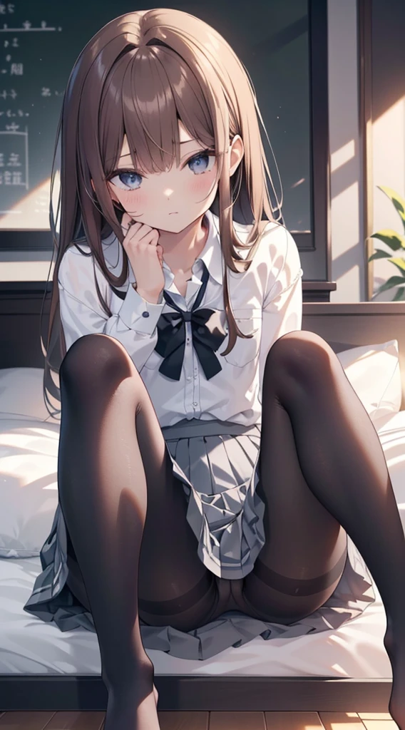 (The whole body from head to toe)、(Full Body)、(No shoes)、(blackpantyhoseの内側に白いパンティ)、(blackストッキングの内側に白いパンティ)、(Panty shot)、(Sitting with legs together)、(Sit with your knees bent and your legs apart)、(M-shaped legs)、Brown Hair、Long Hair、bangs、Highest quality、High resolution、8k wallpaper、(figure:0.8)、(Beautiful attention to detail:1.6)、(Highly detailed face)、Perfect lighting、Highly detailed CG、Perfect hands、Perfect Anatomy、Thin legs、(Small Tits)、Sitting on the floor、Sleep on your back、Spread your legs、Look forward、Configuration from below、Positive、Turn your lower body forward、In 8K、Highest quality、The real picture、Intricate details、Ultra-detailed、超High resolution、Depth Field、(Photorealistic、Realistic:1.2),masterpiece, 0.25 :: Front shot、From the center、One Girl、Very beautiful girl、See the face and feel、Big eyes、Sexy pose、Fascinating、Perfect Skin、(Small breasts)、Narrow waist、Light blush、solo、Looking at the audience、Five perfect fingers、Small toes、sweating、 wear((School_uniform)、White shirt、Collared shirt、Pleated dress、Grey Dress、(black_pantyhose:1.2)、 blackストッキング、blackpantyhose、(Sculpture Pose:1.1)、 Showing her white panties、Panty shot、Spread your legs、Open legs、Wide-open legs、bedroom 、On the bed