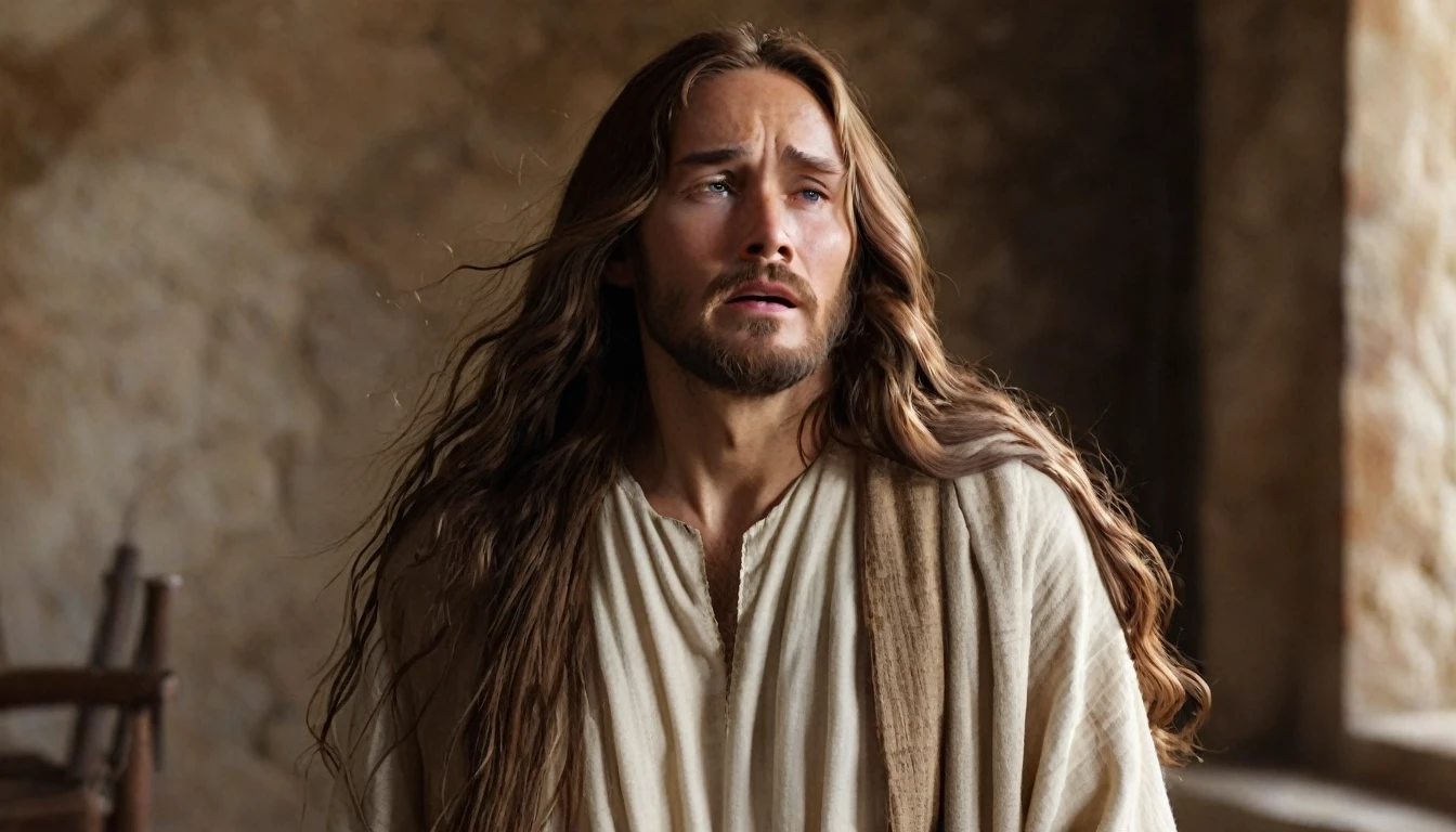 IMAGE OF JESUS CHRIST, FULL BODY, LONG HAIR, LIGHT BROWN, WEARING CLOTHES OF THE TIME OF CHRIST, IN WHITE WITH BROWN, HIS GAZE IS SERENE AND AFFECTIONATE, HE IS WITH HIS RIGHT HAND ON THE HEAD OF A WOMAN OF 20 YEARS, LONG HAIR, BROWN, WHO IS CRYING A LOT, IS DESPERATE. PHOTO STYLE, ULTRA REALISTIC, CINEMATIC.