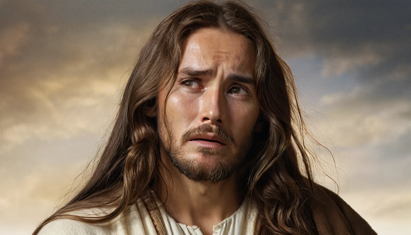 IMAGE OF JESUS CHRIST, FULL BODY, LONG HAIR, LIGHT BROWN, WEARING CLOTHES OF THE TIME OF CHRIST, IN WHITE WITH BROWN, HIS GAZE IS SERENE AND AFFECTIONATE, HE IS WITH HIS RIGHT HAND ON THE HEAD OF A WOMAN OF 20 YEARS, LONG HAIR, BROWN, WHO IS CRYING A LOT, IS DESPERATE. PHOTO STYLE, ULTRA REALISTIC, CINEMATIC.