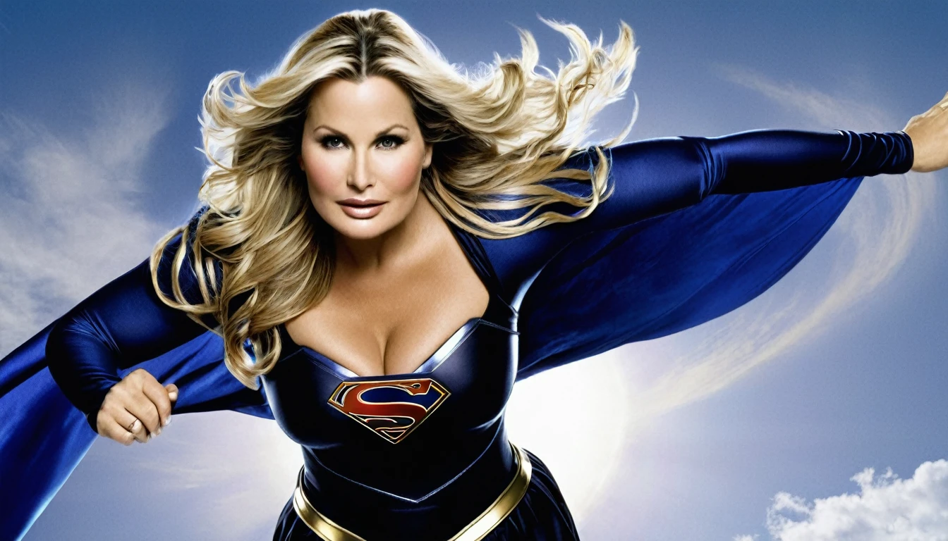 Jennifer Coolidge (powerful; trusting; higher) 2007 (((Woman defined body with big breasts, strong and firm; black and white fantasy dress from Supergirl 1984s))) as Supergirl(((Filme da Supergirl de 2007 de Andrea Anders))); floating in mid - air.