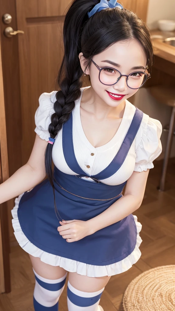 woman、Glasses、Double teeth、lipstick、amount、smile、ponytail、Front teeth、Wide forehead、whole body、From afar、Big Breasts、apron、Thin eyebrows、Frills、Blue mini skirt、Knee-high socks、