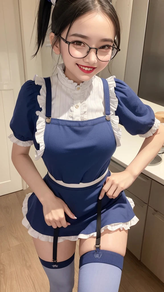 woman、Glasses、Double teeth、lipstick、amount、smile、ponytail、Front teeth、Wide forehead、whole body、From afar、Big Breasts、apron、Thin eyebrows、Frills、Blue mini skirt、Knee-high socks、