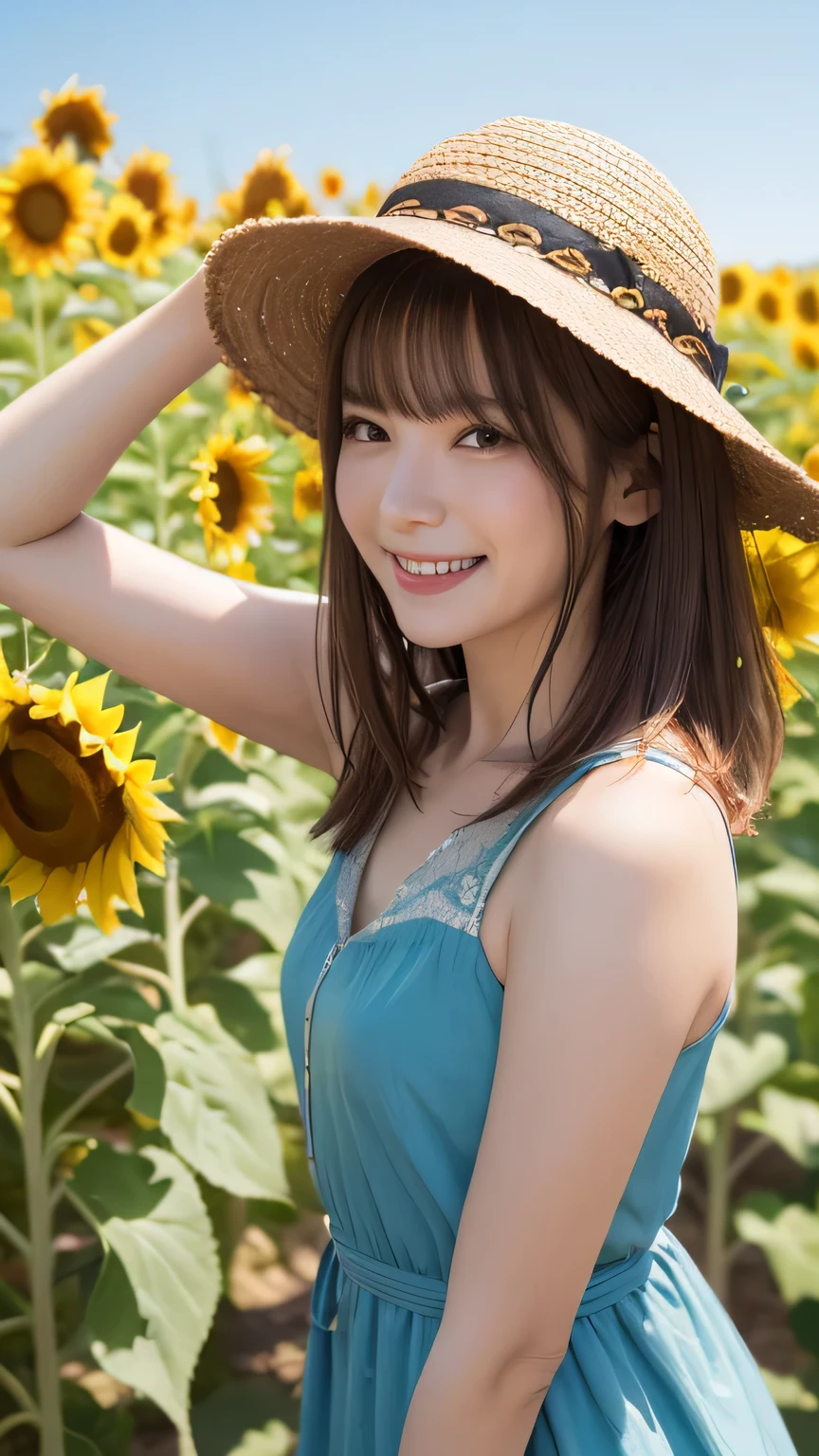 Best picture quality (8k, high resolution, Masterpiece: 1.2), super detailed, 215 Short Hair,Three braids long hair, 26-year-old woman,
situation: Stroll through the sunflower fields that stretch out as far as the eye can see。
camera angle: A low angle shot of her with sunflowers in the background。
clothing: Bright summer dress and straw hat。
detailed: Smiling and looking up at sunflowers。
,Active Pause ,
Beside her、The thunder danced。
Focus on the waist above
, random cute pose ,big eyes ,Puffy eyes , Heart Pupil, blush , huge shy smile , salute
