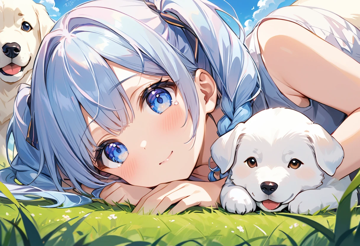 Highest quality、High resolution、Detailed Background、Beautiful face in every detail、Anatomically correct、Detailed facial expressions、fine grain、((full body, from below, side view)), ((One Girl))、Chibi Girl、Cute hair color、Big beautiful blue eyes、Braided twin tails、Elementary school, (Tank top、Vneck、mini skirt、Cute Shoes)、break grassland、((Lying face down、Rest your chin on your hands and bend your knees))、((A giant white puppy))、((Meeting a dog))、Poke with your finger、I'm a little scared、I have a lot of tears in my eyes、An expression that looks like it's about to cry、Close up hands、