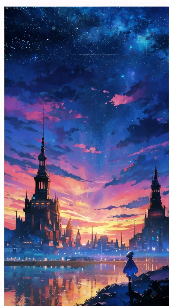 You can see the city in the distance,Medieval Europe,Fantasy,Fantasy,Beautiful sky anime scene with stars and planets, Space Sky. by makoto shinkai, anime art wallpaper 4k, anime art wallpaper 4k, Anime Art Wallpapers 8K, anime wallpaper 4k, anime wallpaper 4k, 4k anime wallpaper, Anime Sky, Awesome Wallpapers, Anime Background, Heavenly planets in the background, Anime Background art
