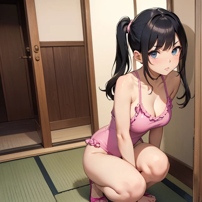 Master piece, best high quality image, carefully detailed details and textures, alone character, full character view
{{(1character:  black haired japanese human girl noble: (fair skin, black short hair tied in two short pigtails, beautiful blue eyes, beautiful face, sharp eyebrows, nice figure, big breasts, beautiful legs, shy expression, educated demeanor, crouching position), (pink one-piece swimsuit, hip frills), (japanese rest room))}}