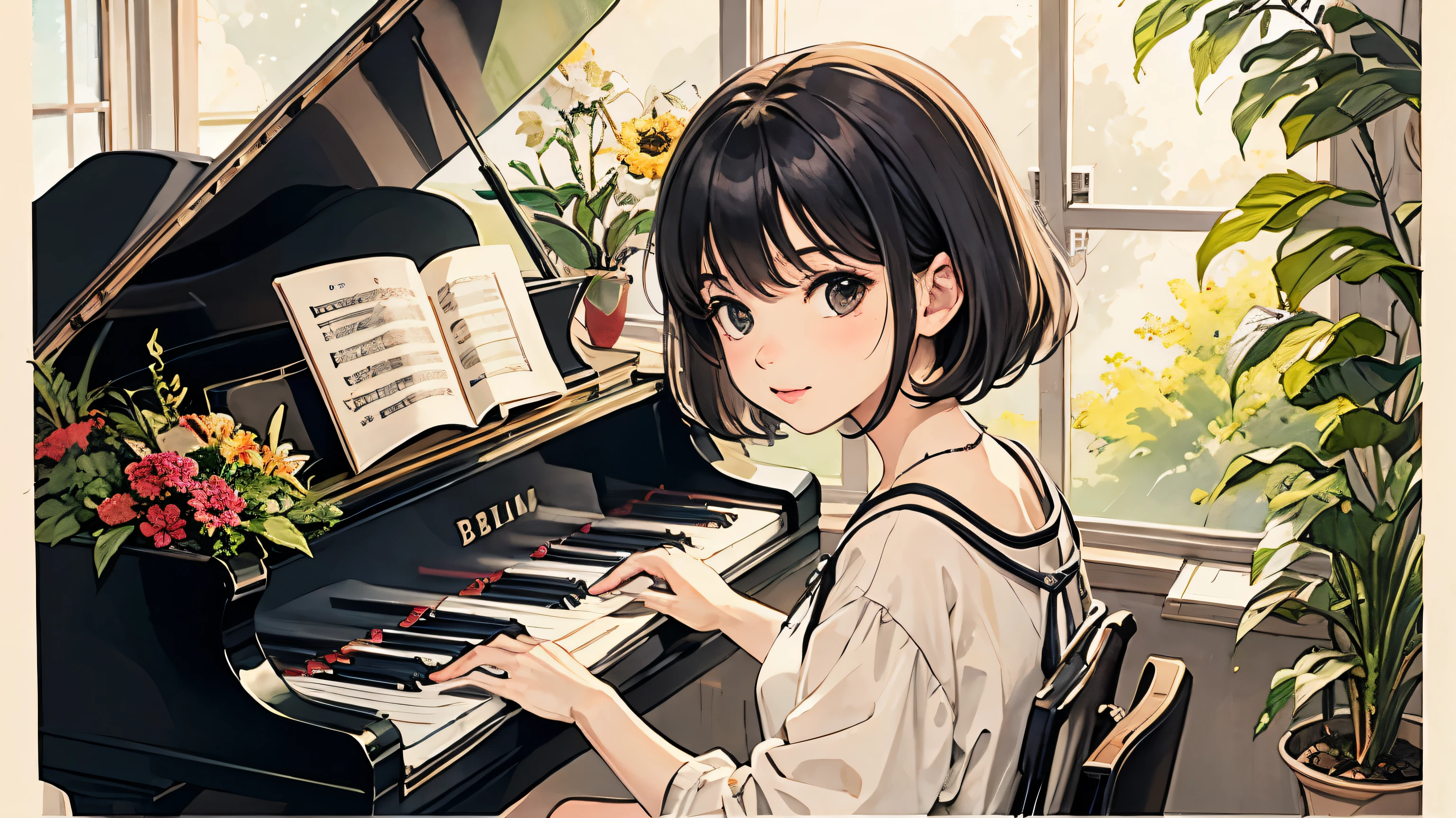Grand piano,Bob Girl,a sunny day