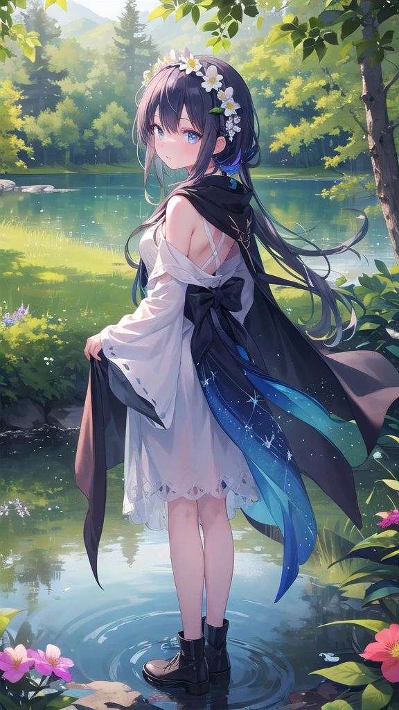 (8k, best quality, master piece: 1.2),super high resolution,1 girl, 独奏, ((colorshift eyes, hyperdetailed, expressive eyes)), ultra-detailed face, random hair, random color, Ecstatic expression, Back view, Standing by a quiet lake in the woods、Girl gazing at the lake。Her shadow is reflected on the lake。Flowing chiffon dress、Long cape on the back、Natural flowers in hair々Woven flower crown。