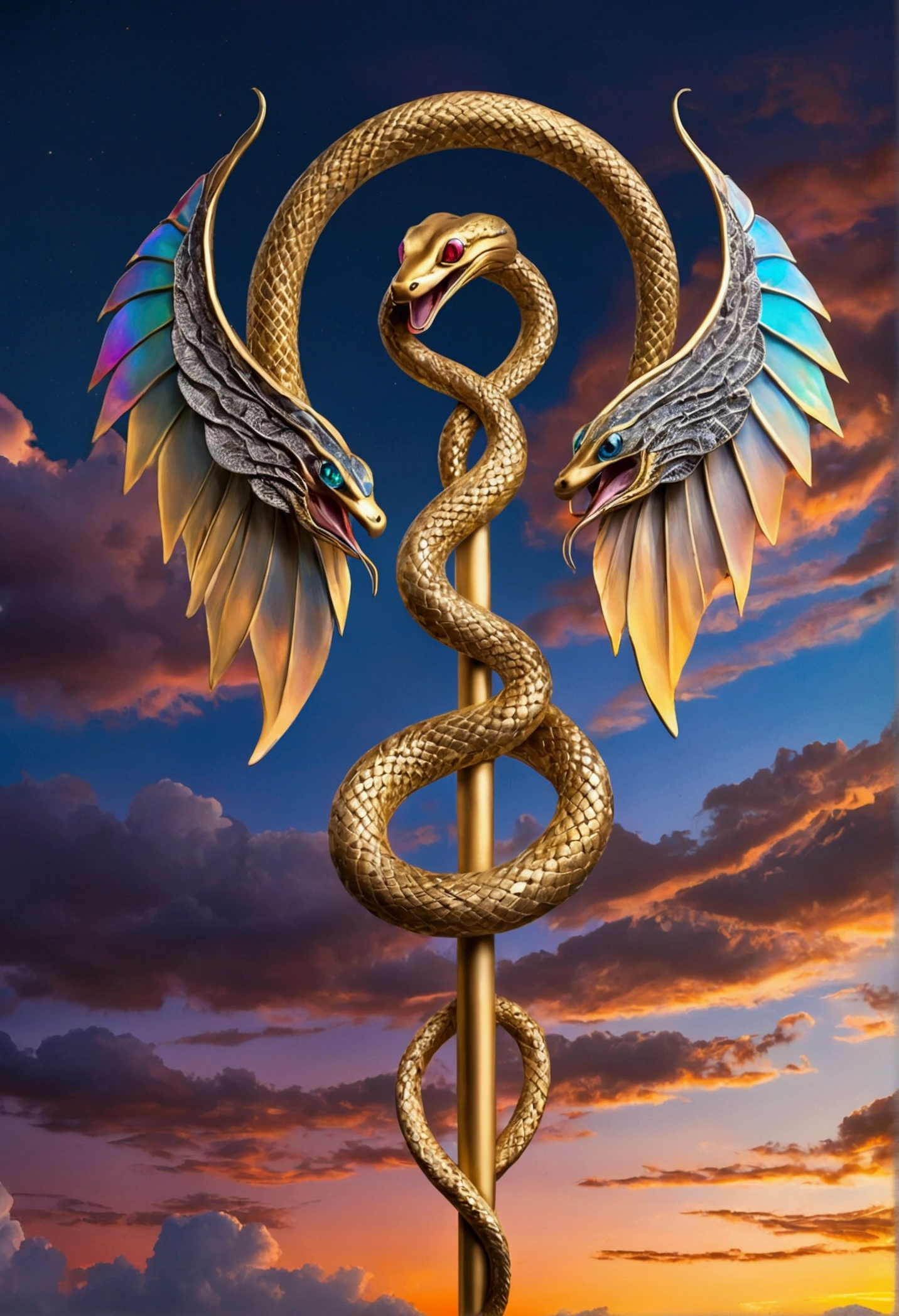 A golden staff with two intertwined serpents spiraling around it. Snakes have glowing eyes and iridescent scales. At the top of the stick, there is a pair of silver wings open. The background is a twilight sky with colorful clouds, symbolizing balance and harmony."