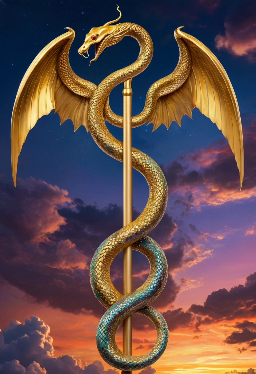 A golden staff with two intertwined serpents spiraling around it. Snakes have glowing eyes and iridescent scales. At the top of the stick, there is a pair of silver wings open. The background is a twilight sky with colorful clouds, symbolizing balance and harmony."