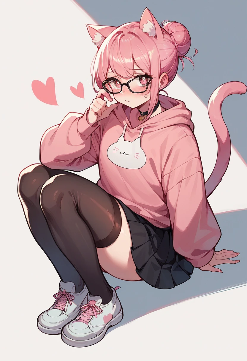 I have white pink hair, cat ears, a bun, my face is super blushing, black glasses, pink heart eyes, a big pink sweatshirt, a black skirt, black stockings, white shoes, a cat&#39;s tail, a girl. Very shy