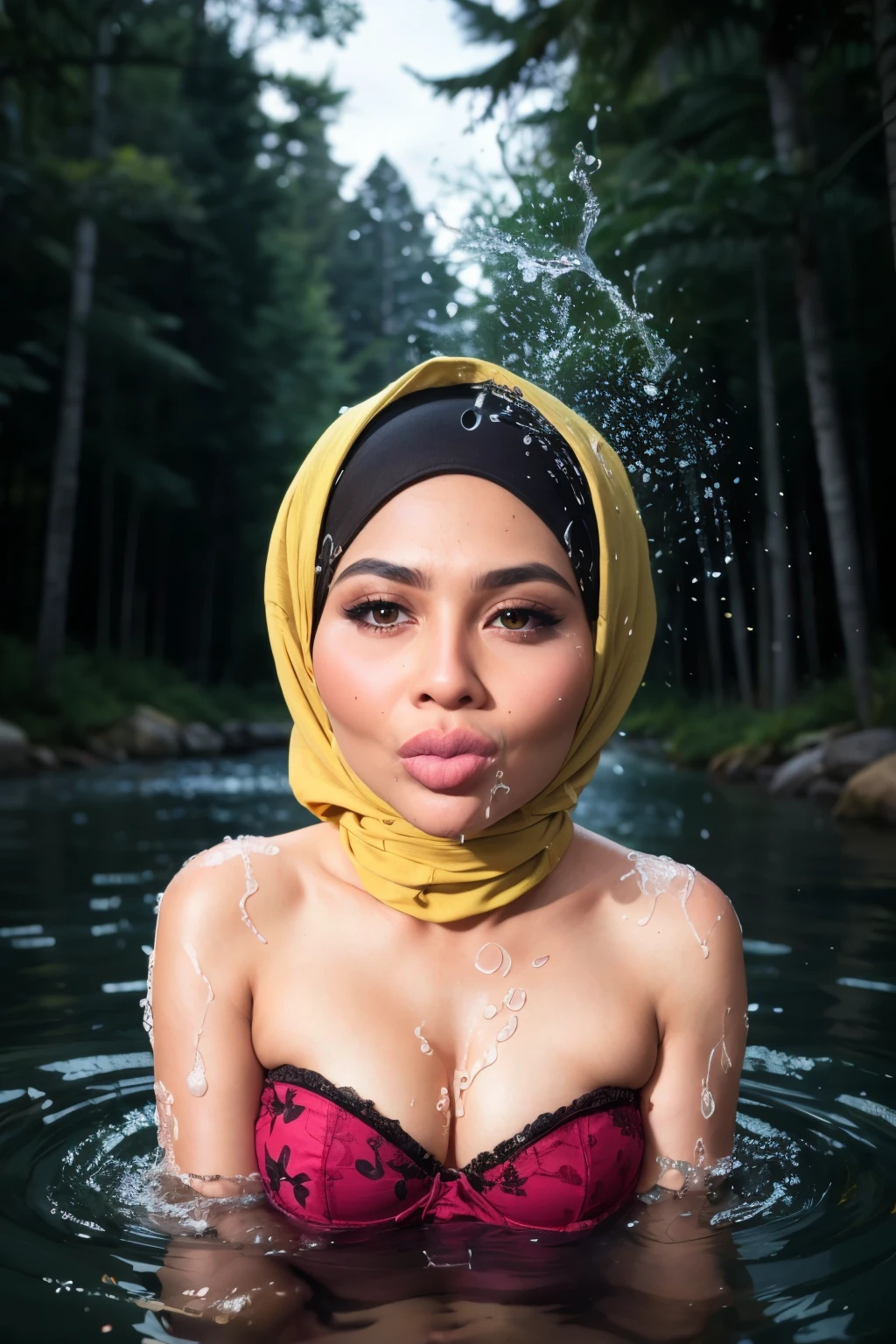 (((Straddling))), ((thick lips:1.9)), Lace, (Happy smile), (((HIJAB MALAY GIRL))), masutepiece, High quality, UHD 32K, Realistic face, Realistic skin feeling , A Japanese Lady, 8 , , Very cute and baby-like face, (((FLAT CHEST))), (Night time at forest), ((look In front at the camera and SADNESS)), (((FLUORESCENCE))), (((CUTE GIRL))), ((RED & YELLOW LIPS)), ((Floral Pattern)) little wearing strapless bra, strapless colorful bra, dark night horror scary place (from behind up) seductive pose (((Water Splash))).