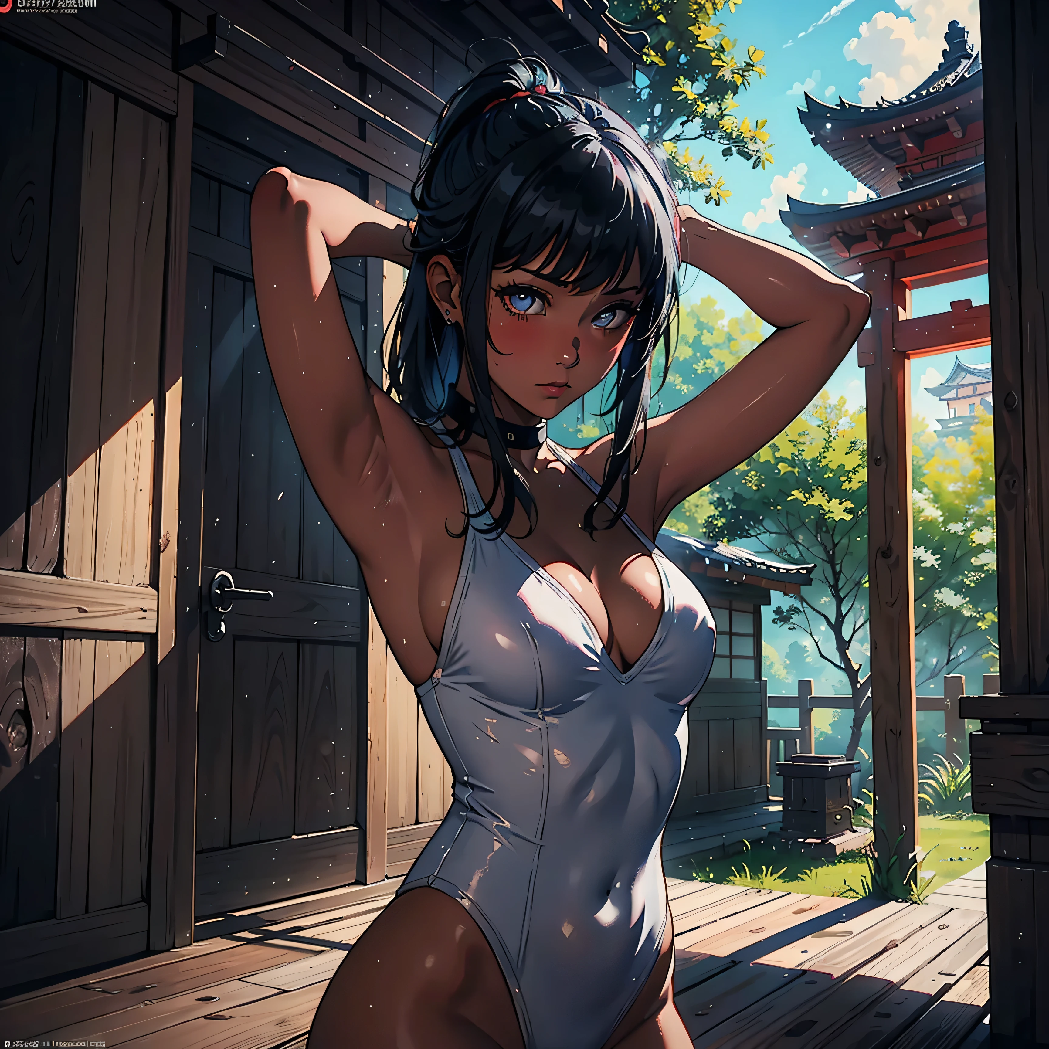 1girl, (solo), long bob hair, black hair, ((white eyes)), serious, blushing, (small breasts), light taned skin, white swimsuit, black long boot, black glove, sexy pose, arms in the air, hand behind the head, japanese temple behind, medieval japanese town, (days), (very sexy body, detailed face, detailed eyes, masterpiece, highly detailed, 8k, best quality, vibrant colors, digital art, concept art)