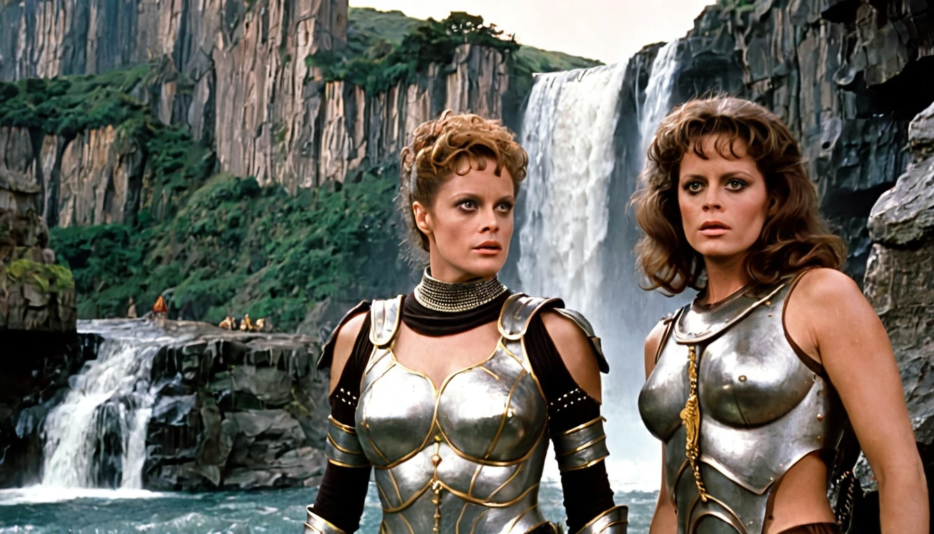 movie "Jason and the Argonauts" Atalanta with the face of a young Sigourney Weaver, dressed in silver armor, in the background black cliffs and waterfalls, vibrant colors, epic image