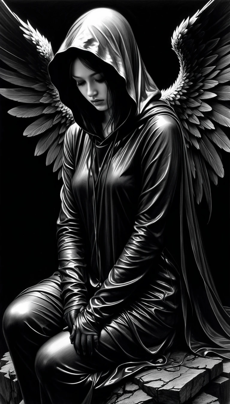 Immerse yourself in a hyper-realistic pencil drawing by renowned artist Diego Koi, capturing a moving scene. A faceless angel, wounded and bleeding, wrapped in a solemn hood, is on the edge of an infernal abyss. expansive, obsidian wings create a frightening silhouette, and in the angel's claws, a colossal flaming sword emanates an unearthly glow. The complexity of the Koi'The details bring to light a surreal composition, conveying a cosmic struggle – a celestial being entwined at the intersection of darkness and divine turmoil., folk art, vertical aspect ratio