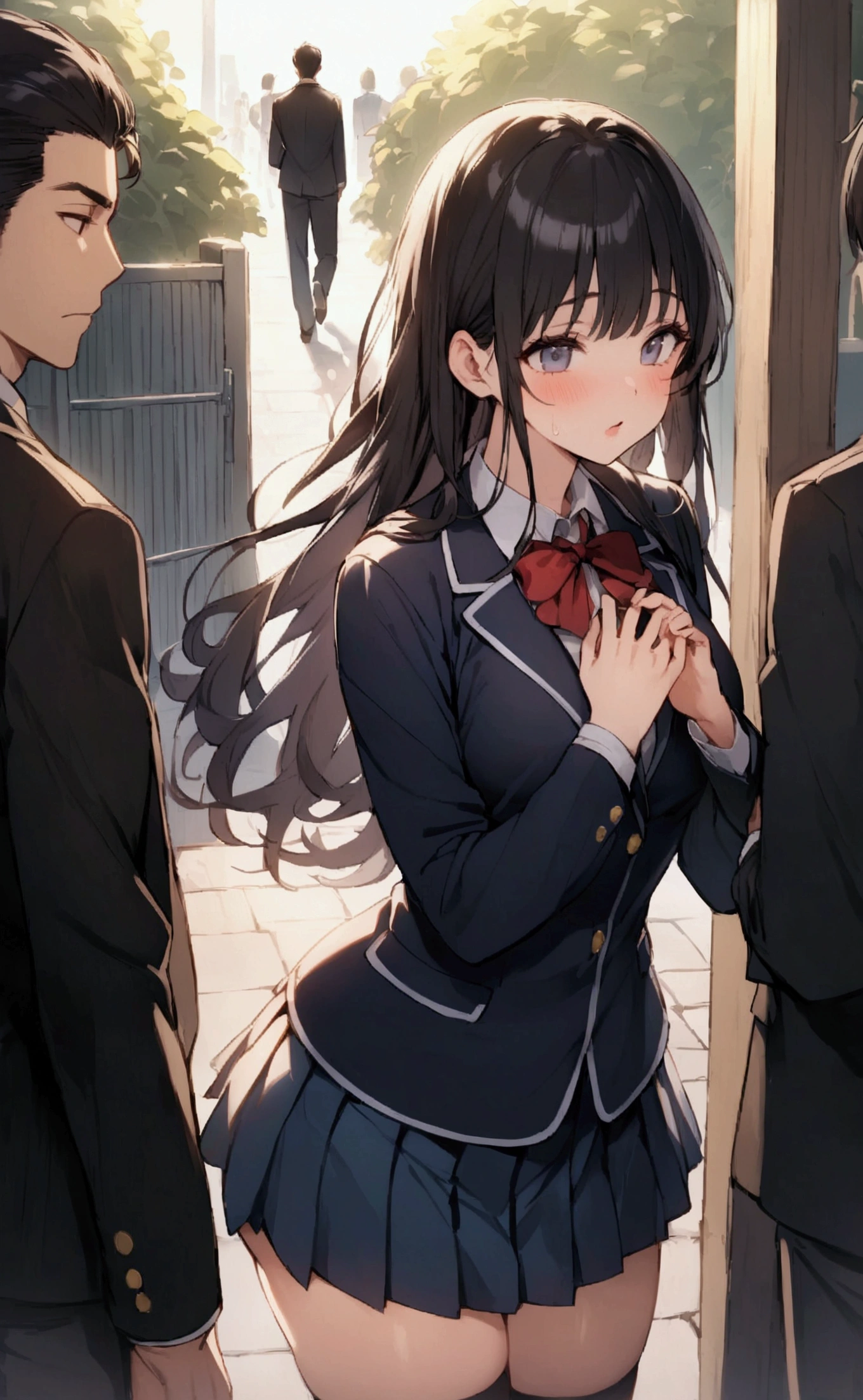 One Woman、One Man、beautiful girl、after school、evening、high school girl、School Nameplate、Blazer uniform、Pleated skirt、Black knee-high socks、Long Hair、In front of the school gate、Highest quality, Thick thighs、Big 、White panties、Black Hair、Pounding face、A crowd going home from school、In front of the school gateで待つ仕草、A handsome man walks in from the back.、Lean your back against the wall、Holding his chest with both hands、A handsome guy is greeting people in the back