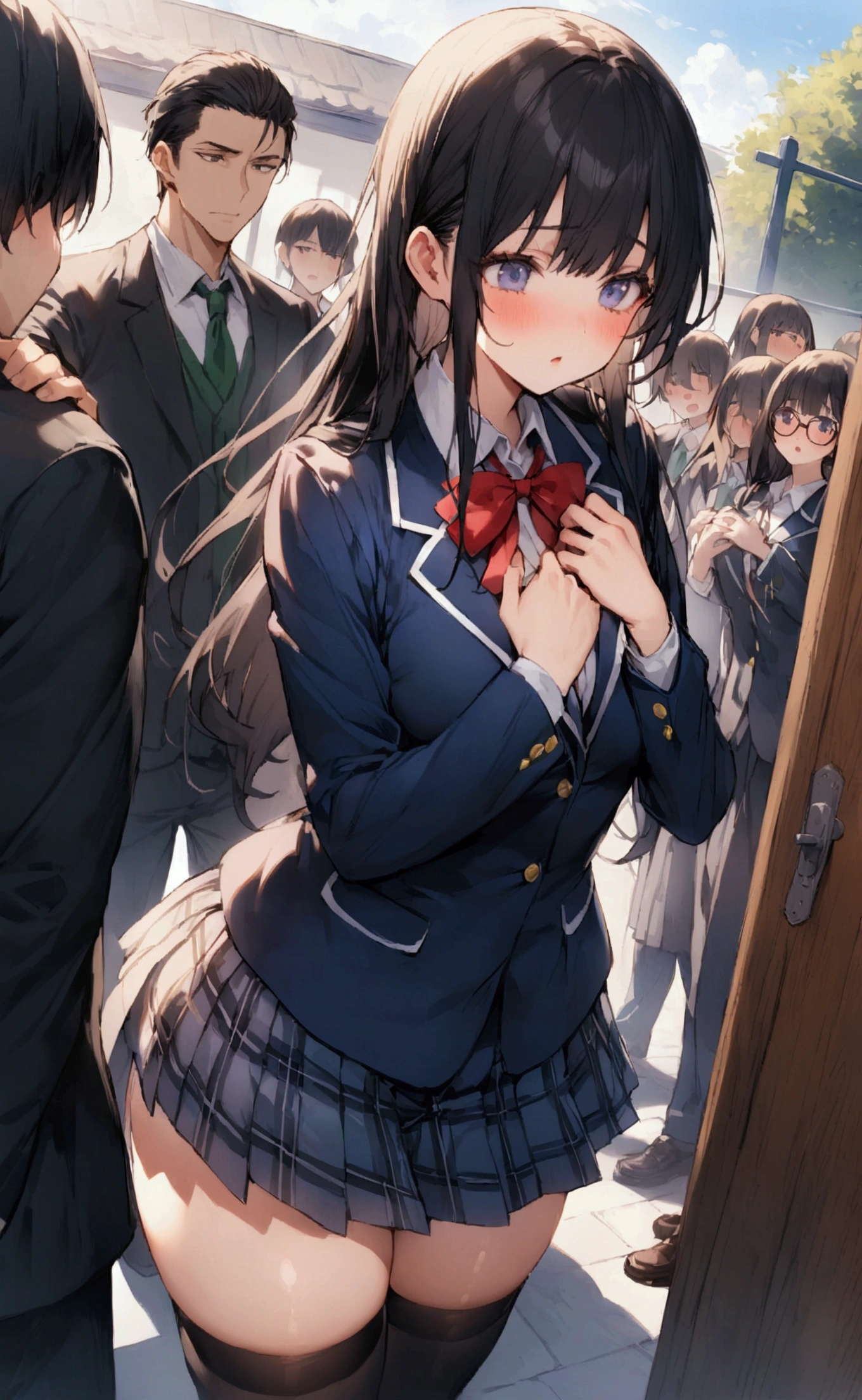 One Woman、One Man、beautiful girl、after school、evening、high school girl、School Nameplate、Blazer uniform、Pleated skirt、Black knee-high socks、Long Hair、In front of the school gate、Highest quality, Thick thighs、Big 、White panties、Black Hair、Pounding face、A crowd going home from school、In front of the school gateで待つ仕草、A handsome man walks in from the back.、Lean your back against the wall、Holding his chest with both hands、A handsome guy is greeting people in the back