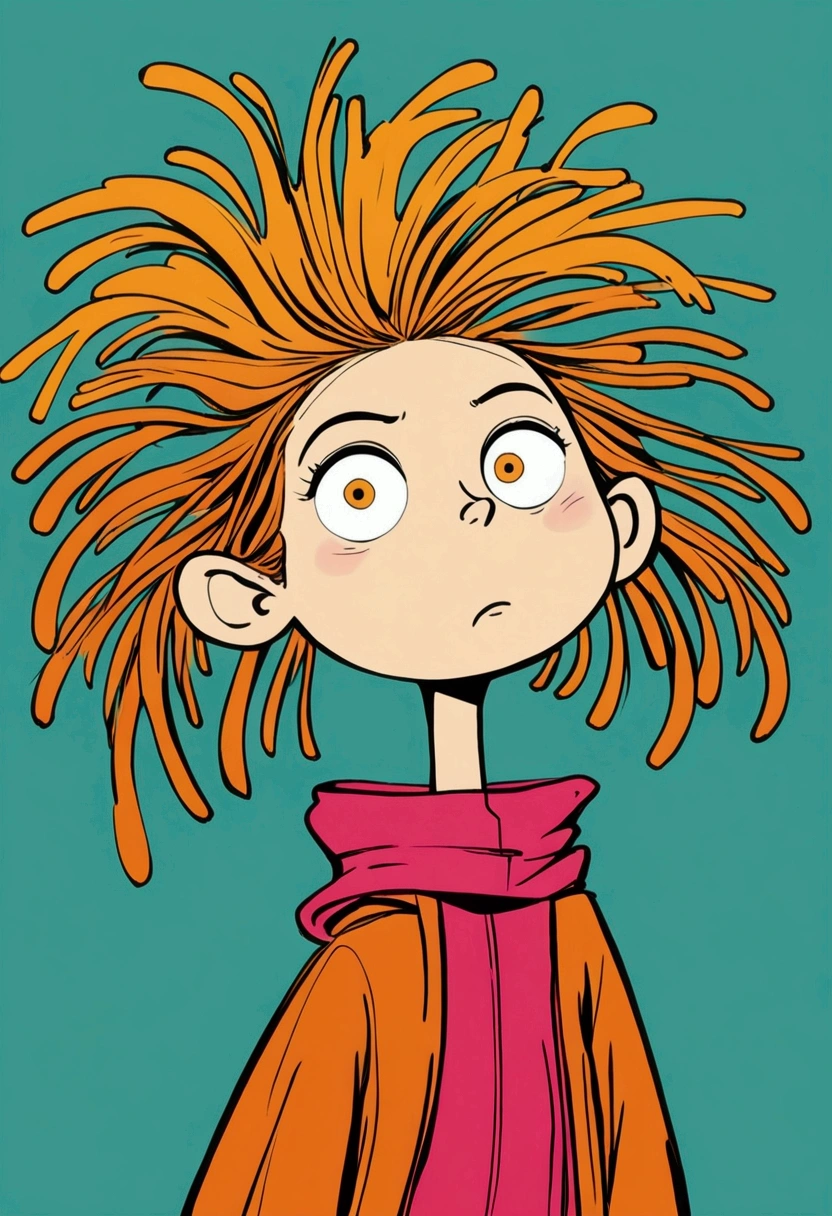 (((ren's graffiti,Exaggerated digital character sketches:1.37,Matchstick Men))).(1 Girl,Solitary,big eyes,Pointed nose,(Exaggerated expression,Exaggerated hairstyle),Messy hair),(Black sketch lines,Loose brushstrokes create the outline,Cartoon Style. Bright colors and simplified lines, sketch)。(Exaggerated body movements),(Large area of blank)