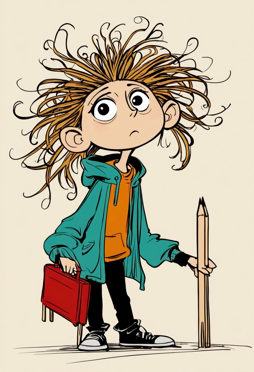 (((Children's graffiti,Exaggerated digital character sketches:1.37,Matchstick Men))).(1 Girl,Solitary,big eyes,Pointed nose,(Exaggerated expression,Exaggerated hairstyle),Messy hair),(Black sketch lines,Loose brushstrokes create the outline,Cartoon Style. Bright colors and simplified lines, sketch)。(Exaggerated body movements),(Large area of blank)