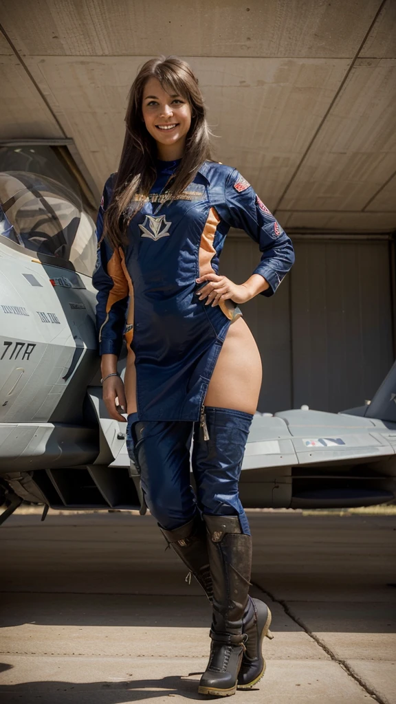 you are a photographer specialist, (Generate a USA Aircraft pilot woman, stand with the F-16 raptor, with team work, beauty woman, smiling, Civilization, big bom, short dress, big hips, sexy girl ),(team girl)
