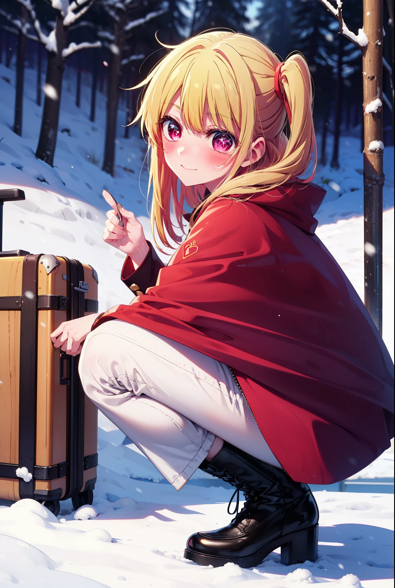 rubyhoshino, Hoshino Ruby, Long Hair, bangs, blonde, (Pink Eyes:1.3), Side Lock, (Symbol-shaped pupil:1.5), Multicolored Hair, Two-tone hair, smile,,smile,blush,white breath,
Open your mouth,snow,Ground bonfire, Outdoor, boots, snowing, From the side, wood, suitcase, Cape, Blurred, , forest, White handbag, nature, Squat, Mouth closed, Cape, winter, Written boundary depth, Black shoes, red Cape break looking at viewer, Upper Body, whole body, break Outdoor, forest, nature, break (masterpiece:1.2), Highest quality, High resolution, unity 8k wallpaper, (shape:0.8), (Beautiful and beautiful eyes:1.6), Highly detailed face, Perfect lighting, Highly detailed CG, (Perfect hands, Perfect Anatomy),