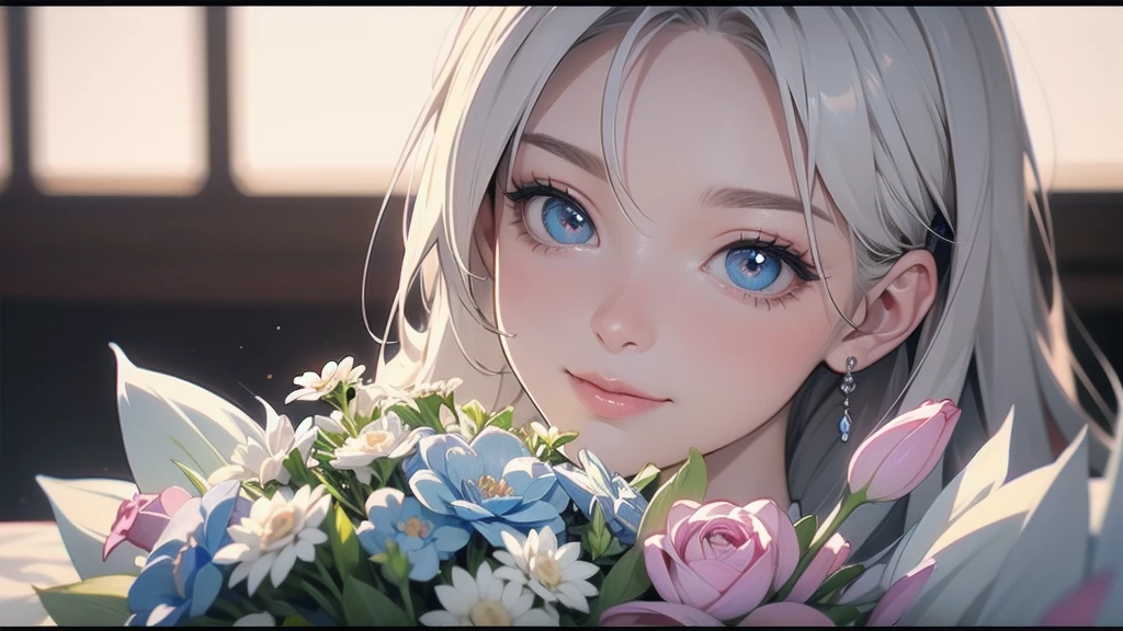 A woman hands over a bouquet, Say thank you. She looks at me with such beautiful and kind eyes..Schneider Pastel Ink Details, Soft and wonderful, fluffy, (Very nice and beautiful), (Perfect detail)、(pastel colour),Soft texture:1.2.(Tabletop, Highest quality), (Beautiful, detailed eyes), (Detailed eyes and face),The colour is noticeably brighter.Faint and blurry outline