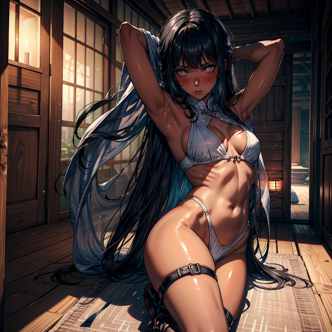 1girl, (solo), long bob hair, black hair, ((white eyes)), serious, blushing, (small breasts), light taned skin, white swimsuit, black long boot, black glove, lying on ground, arms in the air, hand behind the head, japanese temple behind, medieval japanese town, (days), (very sexy body, detailed face, detailed eyes, masterpiece, highly detailed, 8k, best quality, vibrant colors, digital art, concept art)
