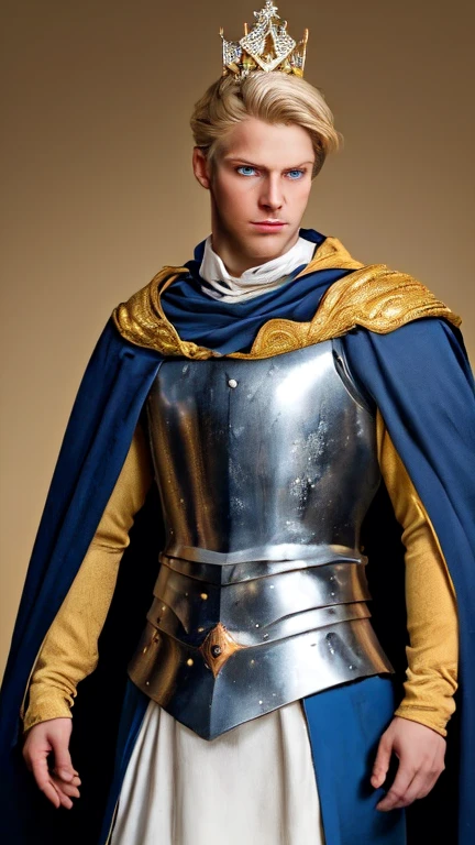 A portrait of a young prince with blonde hair and blue eyes, The prince has a noble and heroic expresión, He wears rich and elaborate medieval prince's clothing, including a crown, cape, and armor, The image is illuminated with soft natural light, creating a warm and welcoming atmosphere, The image quality is realistic and detailed, as if it were a high-resolution photograph, The prince's hair should be light blonde and wavy, combed back from his fase, His blue eyes should be bright and expressive, The prince's clothing should be in bright colors and luxurious fabrics, such as velvet and silk, The prince's crown should be gold adorned with jewels, The prince's cape should be long and flowing, with a fur trim, The prince's armor should be shiny and polished, The background of the portrait should be a medieval landscape, such as a castle or a battlefield