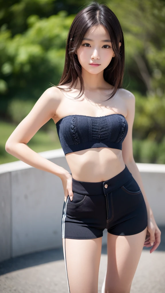 Close-up of a woman taking a photo、The most beautiful Japanese models、(8--old ale model:1.5)、(young、Round face、Kind Face:1.25)、Droopy eyes、double eyelid、(bangs、Black Hair、short hair、Straight hair)、No makeup、(Knitted Products、Tube top:1.5)、(Super cute idol face:1.4)、(Slim Beauty、Slender legs、flat、length, Thin neck、Narrow shoulders、Small shoulders、Thin arms、Thin belly、delicate、flat体)、(belly button、おbelly button露出:1.2)、Waistline、sexy、Modest chest、Beautiful breasts、Shining Breasts、Cleavage、(Micro Shorts:1.5)、(super short shorts:1.2)、(The length of the ultra-micro pants is so short that you can see the crotch line:1.8)、Lowered、Shorts that look like pants、Jeans Material、Low waist、Loweredズボン、Face Focus、Gazing at the audience、hot gaze、(RAW Photos、Highest quality、masterpiece、Ultra-high resolution、Ultra-high resolution、8k、Genuine)、Pose with wriggling hips、((Bend your waist))、Field、Good weather、Daytime、nature、