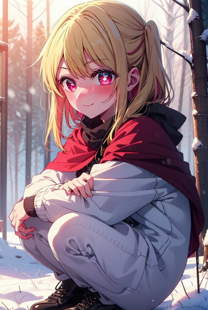 rubyhoshino, Hoshino Ruby, Long Hair, bangs, blonde, (Pink Eyes:1.3), Side Lock, (Symbol-shaped pupil:1.5), Multicolored Hair, Two-tone hair, smile,,smile,blush,white breath,
Open your mouth,snow,Ground bonfire, Outdoor, boots, snowing, From the side, wood, suitcase, Cape, Blurred, , forest, White handbag, nature,  Squat, Mouth closed, Cape, winter, Written boundary depth, Black shoes, red Cape break looking at viewer, Upper Body, whole body, break Outdoor, forest, nature, break (masterpiece:1.2), Highest quality, High resolution, unity 8k wallpaper, (shape:0.8), (Beautiful and beautiful eyes:1.6), Highly detailed face, Perfect lighting, Highly detailed CG, (Perfect hands, Perfect Anatomy),