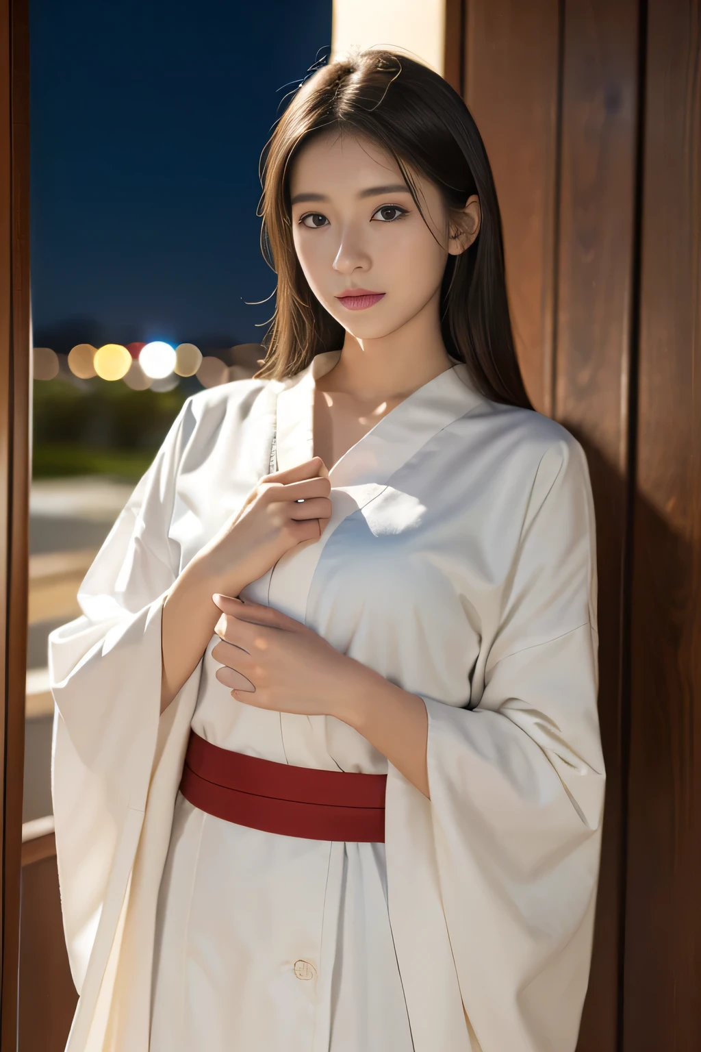 ((night、Realistic Light、Highest quality、8k、masterpiece:1.3))Canon EOS 5 D Mark IV shots, 8K Photo、Wearing a white, wet, translucent kimono、Realistic Japan woman in a temple, Beautiful Japanese Women, Japanese Goddess, Beautiful Japanese woman&#39;s face、Tie up your hair、Inserting kanzashi、Mature Woman、Sexy Japanese Women、Looking straight at the camera、Look into the eyes、Facing forward、Look forward、Beautiful clavicle、Beautiful Eyes,　Translucent dress、Translucent Robe、No shoulder straps、Full Body View、Sleeveless、Beautiful beautiful legs、Beautiful inner thighs、 Gorgeous Korean Women, Realistic and sensual gravure idol, Beautiful young Korean woman