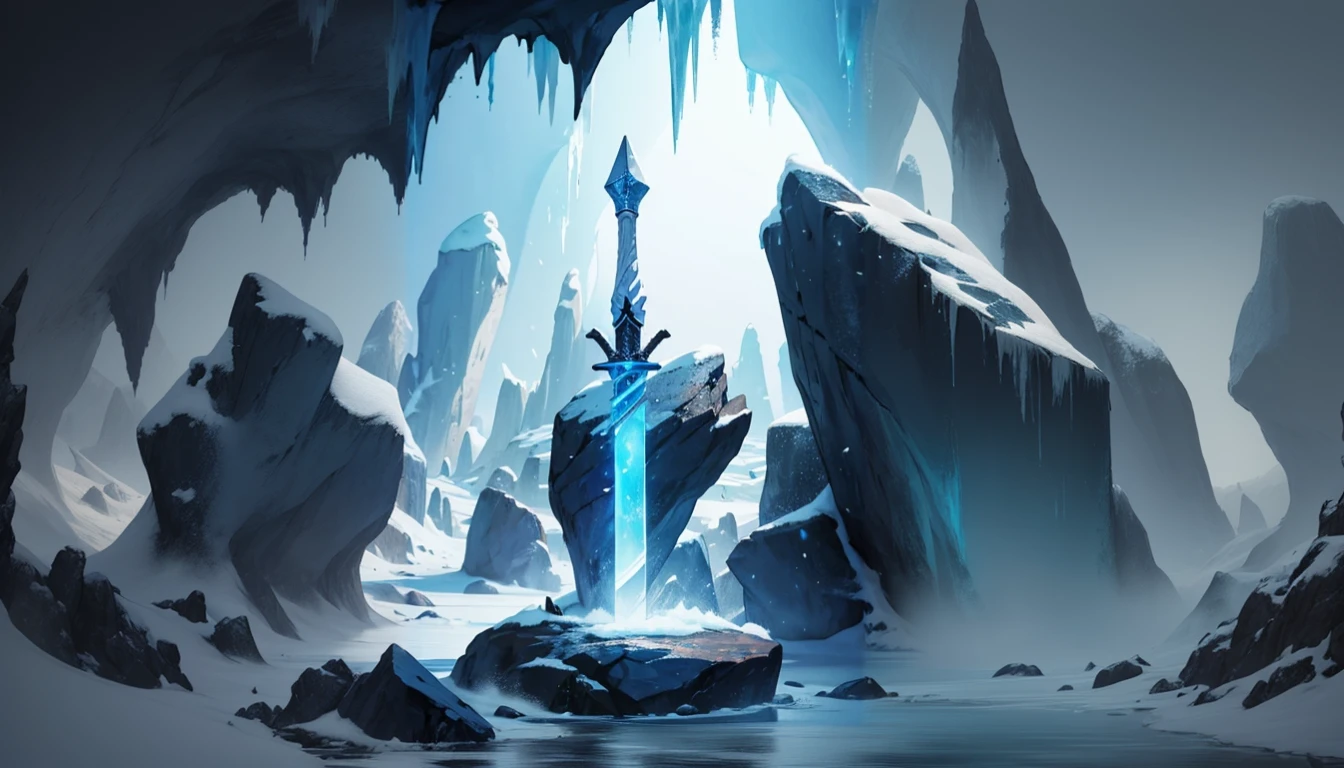 add more details to be able to make a splash art, of a mystical and magical scene, Add more ice cave scenery