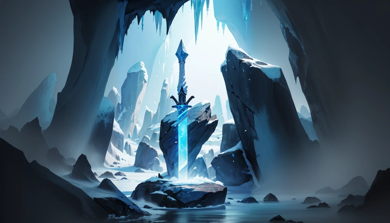 add more details to be able to make a splash art, of a mystical and magical scene, Add more ice cave scenery