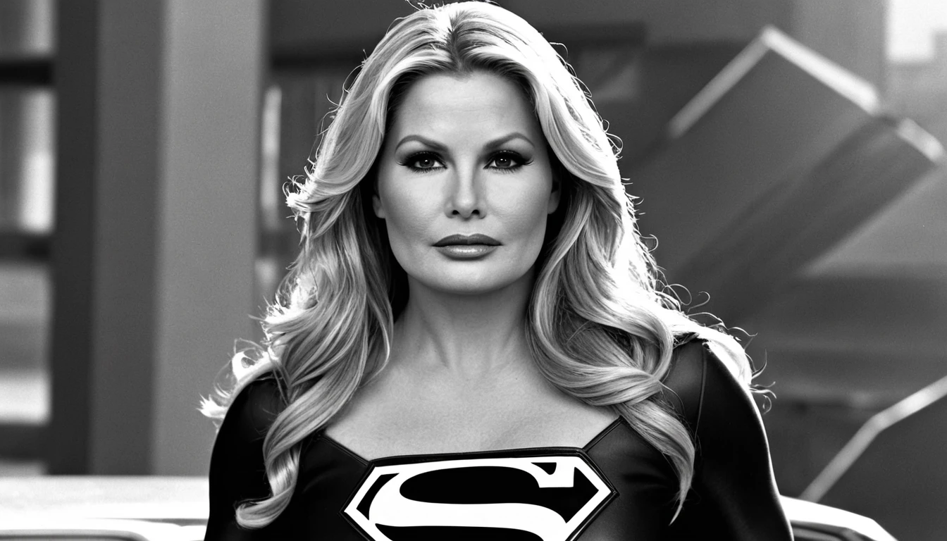 Supergirl1984s (black/White costume Supergirl) real strong Jennifer Coolidge 2024((60 ys old)_; HD. Photograph, ((realism)), extremely high quality RAW photograph, ultra detailed photograph, sharp focus, high resolution, (detailed skin:1,3),high quality, film grain, Fujifilm XT3,Highly Detailed, movie, (Cinematic Photo:1.3) of (Realistic:1.3)