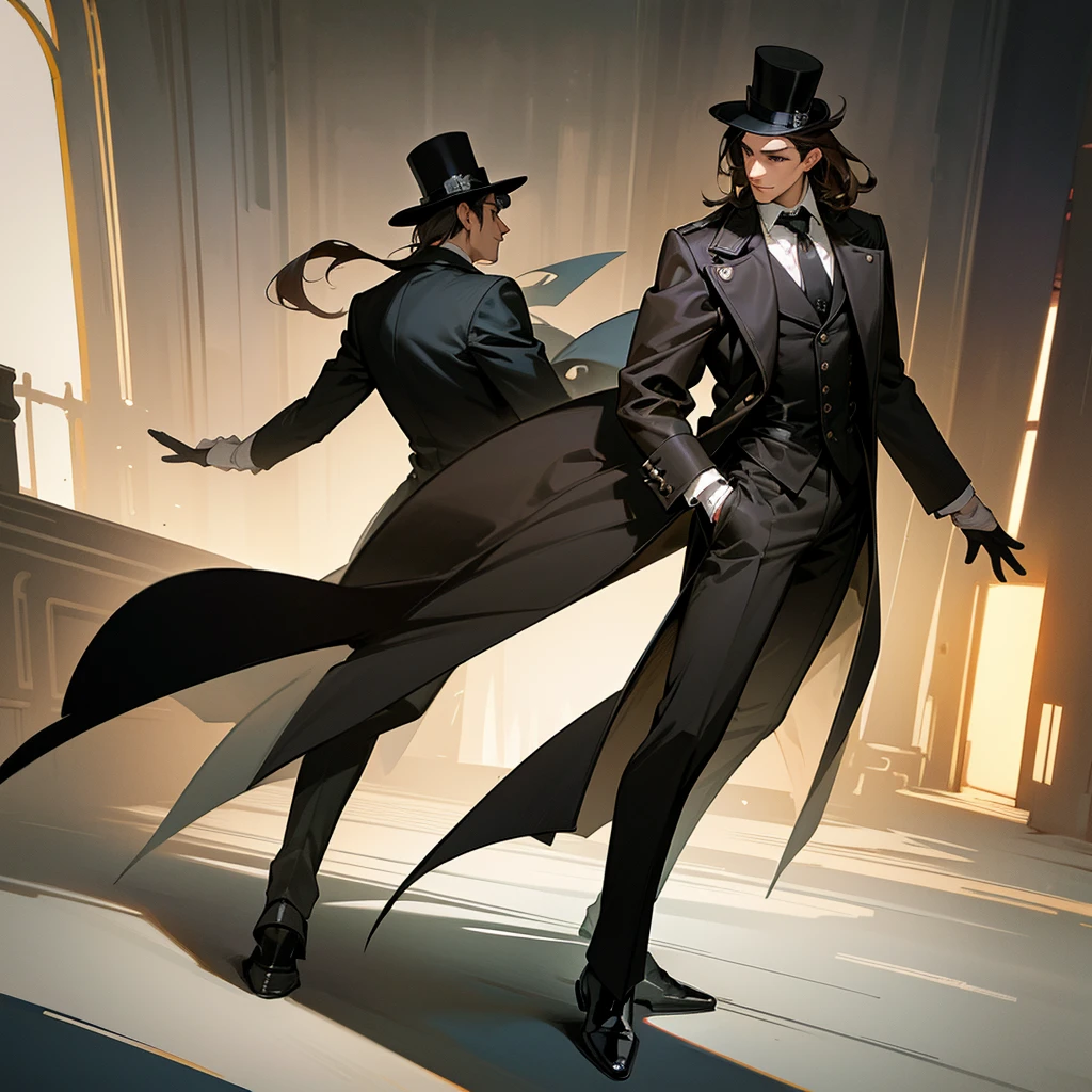 masterpiece, Highest quality, Realistic, 1 person, Mature Men, A quiet and attractive young man, Age 25, Close ~ eyes, Serious expression, Highly detailed face, ((Dark grey eyes)), ((Short dark brown hair swept to the right)), [Thick eyebrows], Thief, city, ((Wearing a classic overcoat and top hat)), Cinema Lighting, Looking at the audience, Postural dynamics,Side angle、((Full body view))