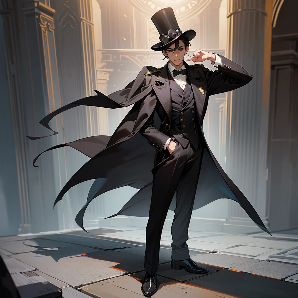 masterpiece, Highest quality, Realistic, 1 person, Mature Men, A quiet and attractive young man, Age 25, Close ~ eyes, Serious expression, Highly detailed face, ((Dark grey eyes)), ((Short dark brown hair swept to the right)), [Thick eyebrows], Thief, city, ((Wearing a classic overcoat and top hat)), Cinema Lighting, Looking at the audience, Postural dynamics,Side angle、((Full body view))