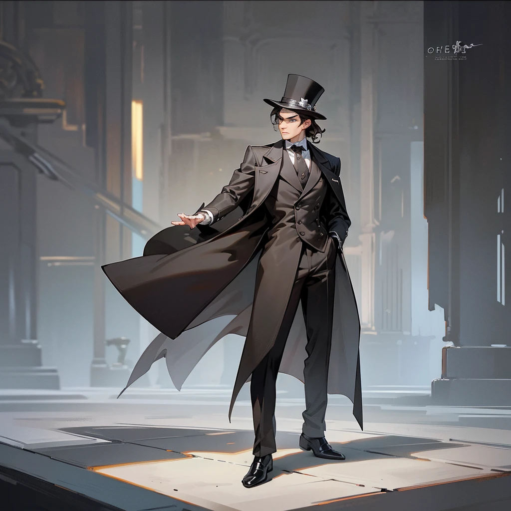masterpiece, Highest quality, Realistic, 1 person, Mature Men, A quiet and attractive young man, Age 25, Close ~ eyes, Serious expression, Highly detailed face, ((Dark grey eyes)), ((Short dark brown hair swept to the right)), [Thick eyebrows], Thief, city, ((Wearing a classic overcoat and top hat)), Cinema Lighting, Looking at the audience, Postural dynamics,Side angle、((Full body view))