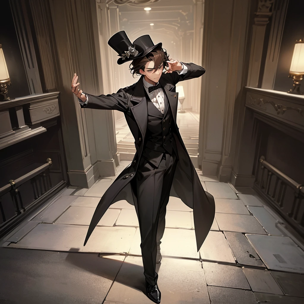 masterpiece, Highest quality, Realistic, 1 person, Mature Men, A quiet and attractive young man, Age 25, Close ~ eyes, Serious expression, Highly detailed face, ((Dark grey eyes)), ((Short dark brown hair swept to the right)), [Thick eyebrows], Thief, city, ((Wearing a classic overcoat and top hat)), Cinema Lighting, Looking at the audience, Postural dynamics,Side angle、((Full body view))