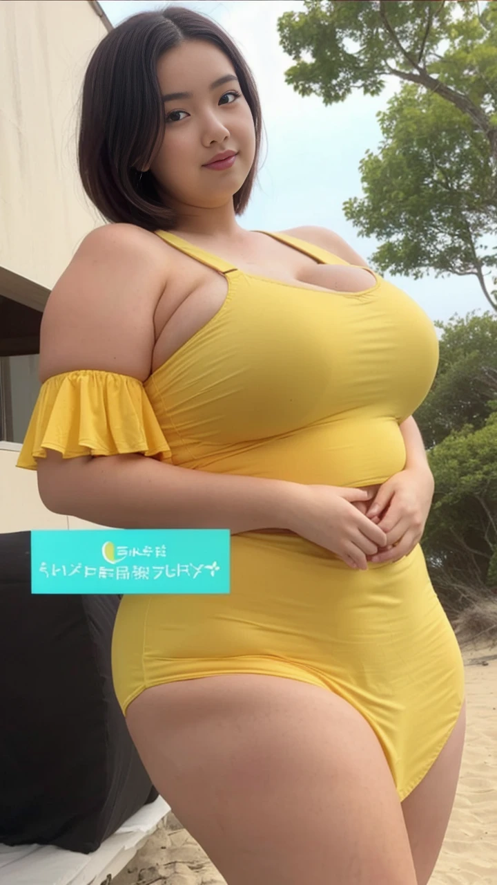 ((best quality)), ((masterpiece)), (detailed), perfect face, araffeTight skirtsShort , thicc, wavy short hair, she has a jiggly fat round belly, bbwchan, wearing tight simple clothes, skinny waist and thick hips, widest hips, her belly is fat and round, soft curvy shape, hyperrealistic full figure, wearing a cute top, wide hips, Blue swimsuit,On the beach by the seaBlue